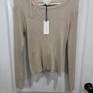 Pink Rose Ribbed Long-Sleeve Knit Top in Beige